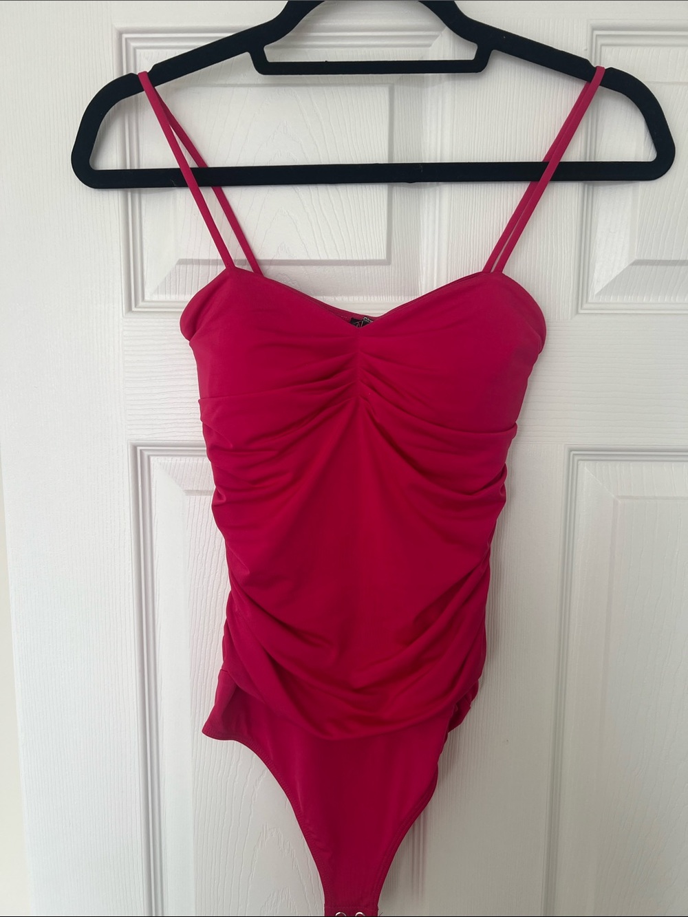 Express Ruched Spaghetti Strap Bodysuit - Hot Pink